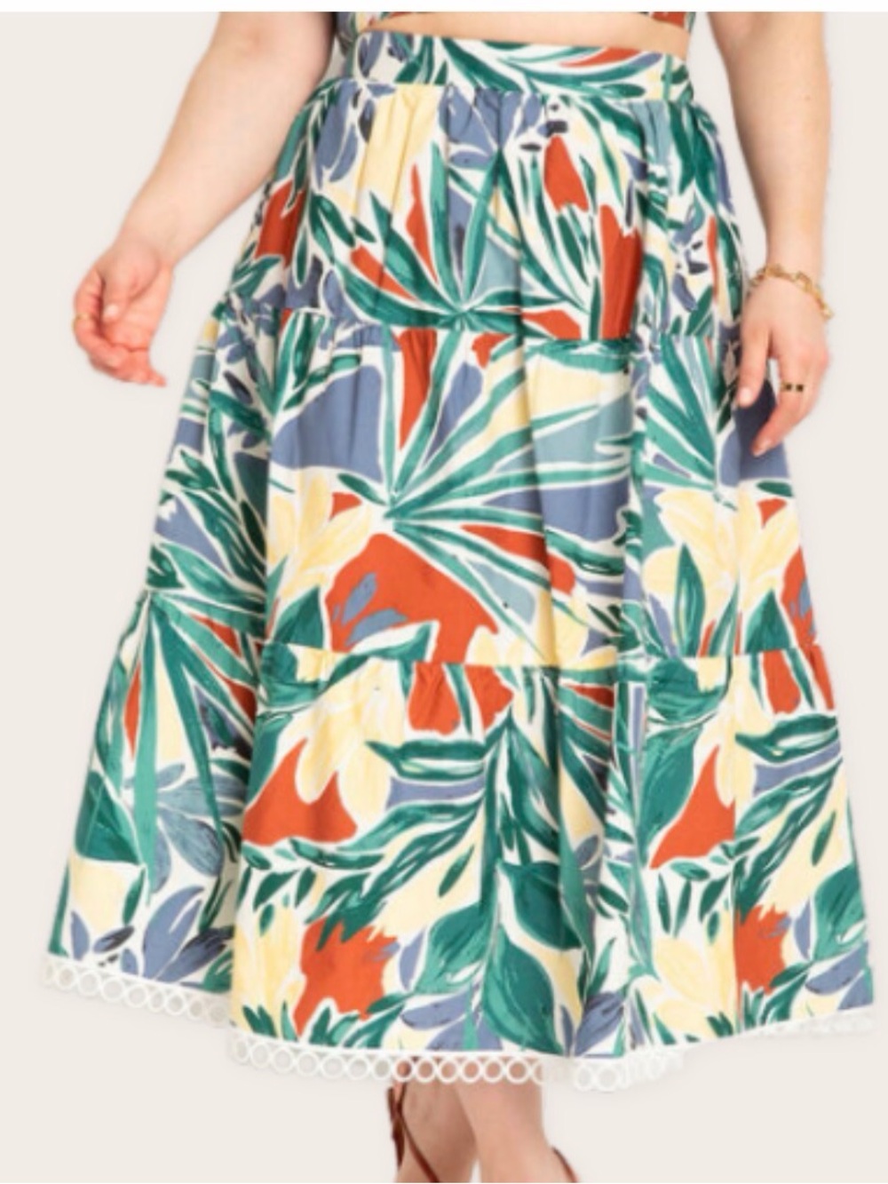 Eloquii Green, Blue & Orange Tropical Tiered Midi Skirt